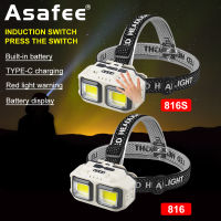 Asafee ไฟหน้า816S,ไฟฉายติดหัวยูเอสบีชาร์จซ้ำได้ไฟหน้า LED เหนี่ยวนำขนาดเล็กไฟฉุกเฉินทำงานกันน้ำติดตั้งบนหัวพร้อมตะขอสำหรับวิ่งกลางแจ้งการเดินป่า