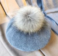 GZ001 Winte Women Wool Knitted Beret Natural Raccoon Fox Fur Pompom Hat Solid Beret Cap Pom pom Hat Casquette