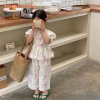 Bear Leader Girls Suit Summer 2023 New Korean Version of The Short-sleeved Bubble Sleeve Shirt + Wide-legged Pants Girls Suit