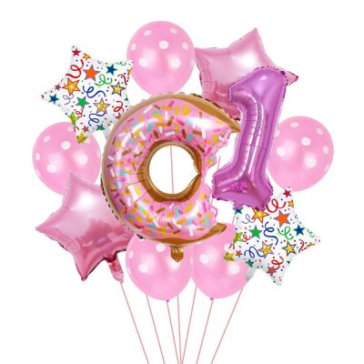 11Pcs Pink Chocolate Donut Candy Helium Balloon 123 Years Happy Birthday Party Decoration Childrens Day Girls Baby Shower Decor Balloons
