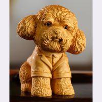 Solid wood carving Teddy puppy Decorative mini modelHand-carved Cute home desktop ornaments New Year gifts