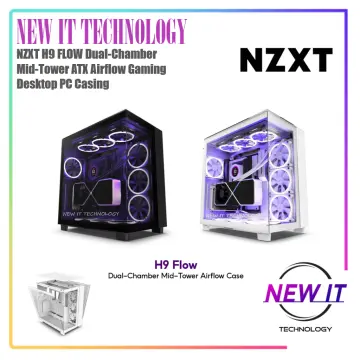 NZXT H9 Flow Mid Tower Tempered Glass PC Gaming Case - White