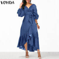 VONDA สุภาพสตรีคอวีตัดชุดเสื้อยาวสำนักงานหรูหราพรรคชุดนัวเนียสบายๆ (เพิ่มขนาด)