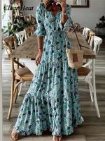 jkk Floral Print V-Neck Half Sleeve Loose Big Female Beach Dresses