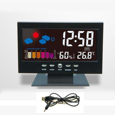 ปฏิทินความชื้นและอุณหภูมิสีนาฬิกาหน้าจอพยากรณ์อากาศ LCD นาฬิกาปลุกแบล็คไลท์8082T ควบคุมด้วยเสียงสภาพอากาศ