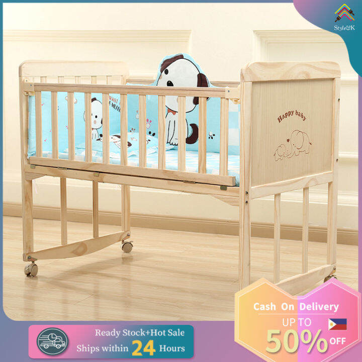 Wooden Crib Baby Crib Cradle Crib Solid Wood Unpainted Bold With