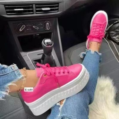 2023 Women Light Sneakers Fashion PU Leather Round Head Platform Sports Lace-Up Walking Ladies Vulcanize Shoes Height Increasing