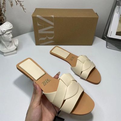 2022 Summer ZARAˉ New Womens Shoes Flat cow leather slippers Back open toe straight strap sandals for womenTH