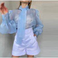 Perspective Mesh Long Puff Sleeve Shirt Collar Lace Up Overlay Pullover Undercoat 2023 Summer Elegant Womens Solid Shirts