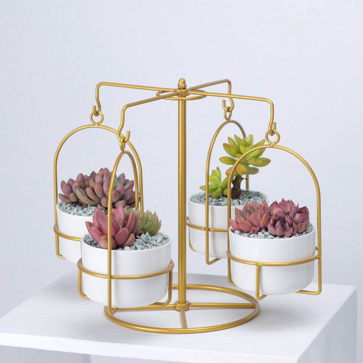 creative-carousel-hanging-pot-flower-stand-round-ceramic-succulent-flower-pot-combination-iron-frame-set