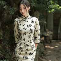 หญิง Qipao คอจีนสั้น Cheongsam Vestidso Elegant ชุดจีนสีดำดอกไม้ Novelty ซาตินชุดราตรี