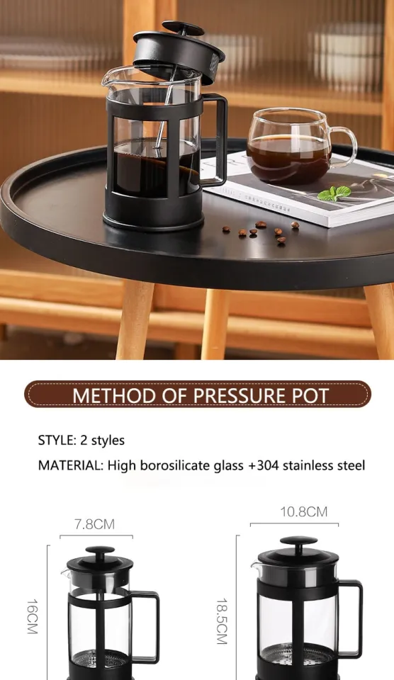 French Press Coffee and Tea Maker, Borosilicate Glass Coffee Press,  Stainless Steel Filter, Durable and Heat Resistant, Black (350 ml, 11.80  oz, 1.5