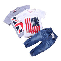 Children Clothing 3 PCS Sets Summer Kids Boys Clothes Outfit 2 PCS Cotton Short Sleeve Tops And Jeans Children Costume 2-7 Year