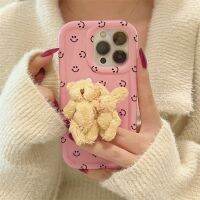 เคสโทรศัพท์หูกระต่ายหมีกำมะหยี่น่ารักสำหรับ iPhone 14 13 12 11 Pro Max ที่วาง14Pro แบบตั้งได้ลวดลายยิ้มน่ารักด้านหลัง Capa