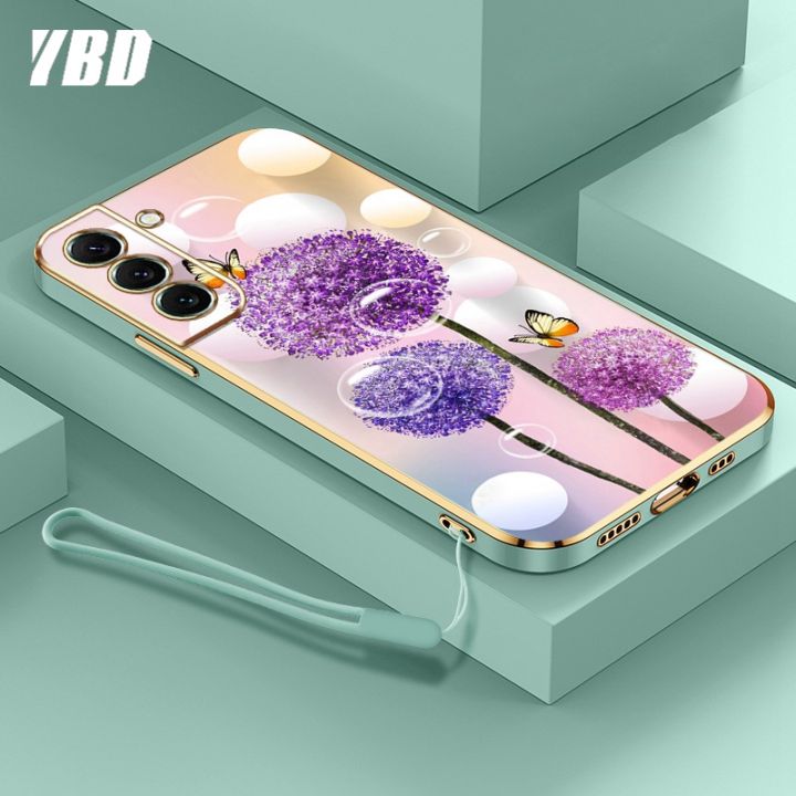 ybd-ใหม่ปลอกสำหรับ-samsung-s21-s22-s23-plus-s21-s22-s23-ultra-s21-fe-พิเศษเคสโทรศัพท์นิ่มชุบโครเมี่ยมสุดหรูเคสฟรีสายคล้องแบบดอกไม้ผีเสื้อสีสันสดใส