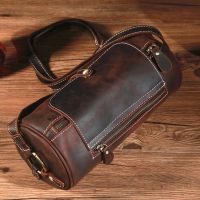 ☂ஐ New Crazy Horse Leather Cylindrical Bag Mens Single Shoulder Messenger Bag Retro Genuine Leather Casual Mens Bag First Layer Cowhide Messenger Bag