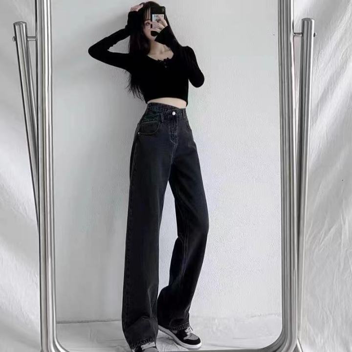 mrs-huang-shop-แฟชั่นกางเกงยีนเอวสูง-กระดูมเข็มขัด-ทรงกระบอก-สตรีแนวสไตล์เกาหลี-รุ่นใหม่
