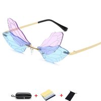 HOT★asses Shades UV40Butterfly Sunglasses Rimless Dragonfly Wing Sunglasses Women Vintage Clear Ocean Lens Eyewear Men Pink Sun Gl0