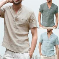 2023 New Mens T-shirt V-neck single breasted design Men tshirt Casual fashion Cotton and Linen Breathable SolidColor Shirt Male