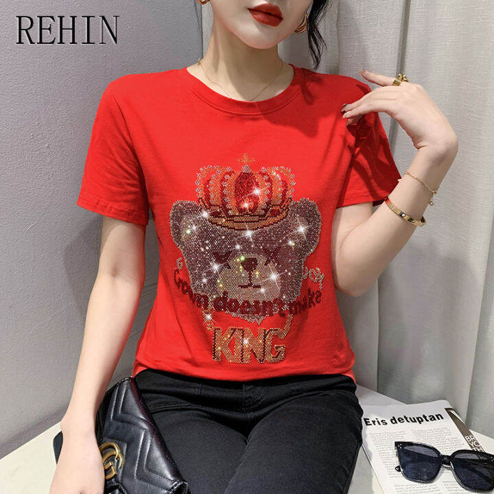 rehin-เสื้อยืดแขนสั้นผู้หญิง-ดีไซน์ใหม่การ์ตูนสว่านร้อนหลวมและย้อนยุคคอกลมเสื้อเข้ารูปพอดีลำลอง