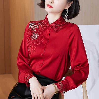 Imitation silk shirt women  spring and autumn imitation mulberry silk embroidery hollow slim long-sleeved top casual