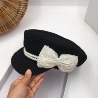 Early spring new knitting navy hat female black white cap socialite pearl bow joker newsboy cap