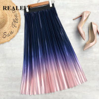 REALEFT New 2022 Elegant Stain Womens Pleated Skirts Gradient Spring Summer High Waist Umbrella Long Skirts Female Tulle Skirts