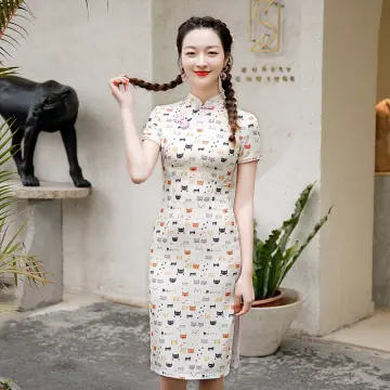 White Lace Cheongsam Women Short Sleeve Traditional Vintage Dress