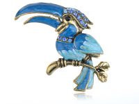 【Fashion house]Golden Tone Blue Paint Enamel Crystal Rhinestone นั่ง Hornbill Bird Pin เข็มกลัด