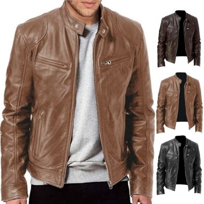 ZZOOI 2023 Mens Fashion Leather Jacket Slim Fit Stand Collar PU Jacket Male Anti-wind Motorcycle Lapel Diagonal Zipper Jackets Men