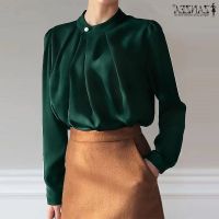 COD dhdfxcz ZANZEA Women Satin O-neck Casual Solid Long Sleeve Button Cuffs Blouse