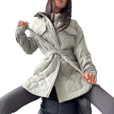 Women Quilted Padded Parkas Jacket 2023 Autumn Winter Warm Trench Outwear Casual Solid Color Single Breasted Long Sleeveovercoat