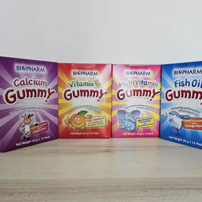 (ยกกล่อง 12 ซอง) Biopharm GUMMY ไบโอฟาร์ม กัมมี่ เยลลี่สำหรับเด็ก อร่อย ทานง่าย ซองเล็ก 24 กรัม