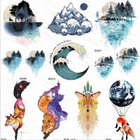 OMMGO Watercolor Surfing Temporary Tattoos Sticker For Kids Forest Ocean Wave Mountain Custom Tatto Body Art Arm Fake Fox Tattoo Stickers