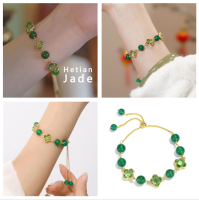 หยก Hetian ธรรมชาติ Lucky Four-Leaf Clover สร้อยข้อมือลูกปัดสำหรับผู้หญิง