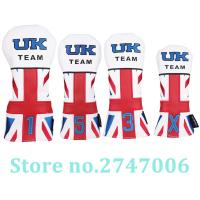 White PU with UK &amp; 1 3 5 X Embroidery Wood Head Cover Golf Club Driver Fairway Wood FW Hybrid UT Headcover