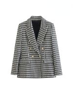 เสื้อเสื้อ Houndstooth กระดุมสองแถวแฟชั่นสำหรับผู้หญิงทราฟแขนยาววินเทจสูทมีกระเป๋าเสื้อผ้าสตรีชิค