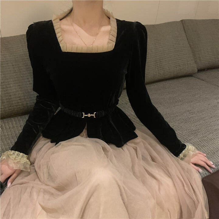 vintage-long-sleeve-square-collar-shirts-black-velvet-coat-top-belt-slim-big-swing-high-waist-mesh-skirt-fashion-korean-chic