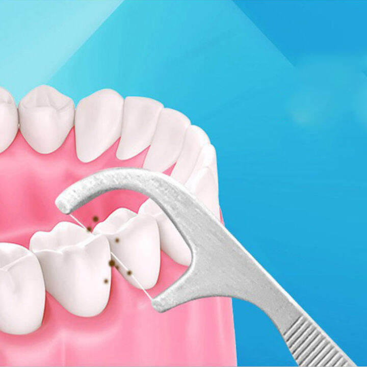 1ไหมขัดฟันแบบพกพาทำความสะอาดฟันด้วยไหมขัดฟันโลหะสแตนเลสไม้จิ้มฟัน