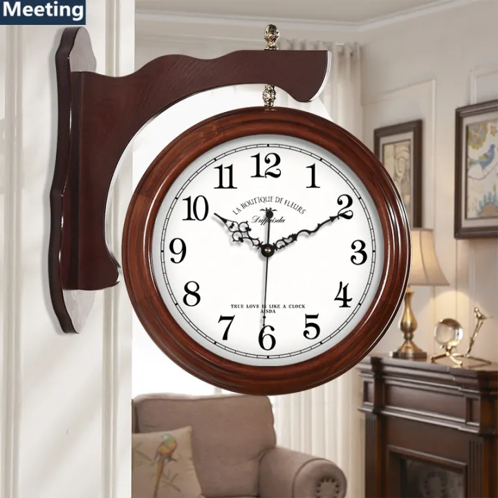 Nordic Solid Wood Doublesided Wall Clock Living Room American Mute Two