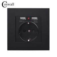 COSWALL Wall Socket Grounded Children Protective Door EU Russia Spain Outlet With 2.1A Dual USB Charging Black White PC Panel