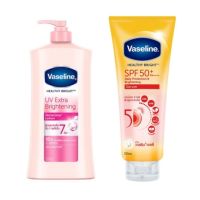 ( 500 มล. + 300 มล. เเบบใหม่ ) Vaseline Body Lotion Healthy Bright UV Lightening Pink 500 มล. +  Vaseline Healthy Bright SPF50 PA+++ Sun + Pollution Protection Serum   320 มล.