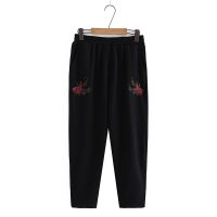 【มีไซส์ใหญ่】Plus Size Womens Black Pants Casual Floral Embroidery Vintage Female Trousers