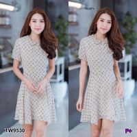 Chompoo Fashions  ชุดเดรส DRESS เดรสสั้นคอบัวลายตาราง สีครีม