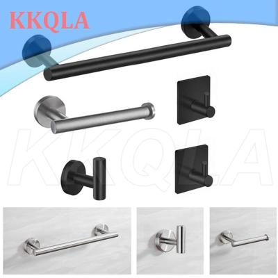 QKKQLA Bathroom Accessories Hardware Set Robe Hook Towel Rail Bar RackRound Black Stainless Steel Shelf Tissue toilet Paper Holder DIY