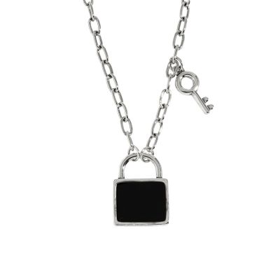 [COD] 0018 Korean version of ins niche design black drip glaze lock key texture silver necklace clavicle chain female