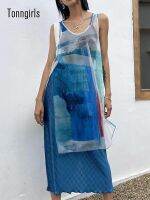 Tonngirls Perspective Mesh Tie Dye Summer T-shirt Women Y2k Sleeveless Tank Tops Streetwear Split Vestidos Boho Vintage Tee Tops