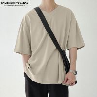 Incerun เสื้อยืดลําลอง คอวี แขนห้าส่วน ทรงหลวม สีพื้น สไตล์เรียบง่าย สําหรับผู้ชาย