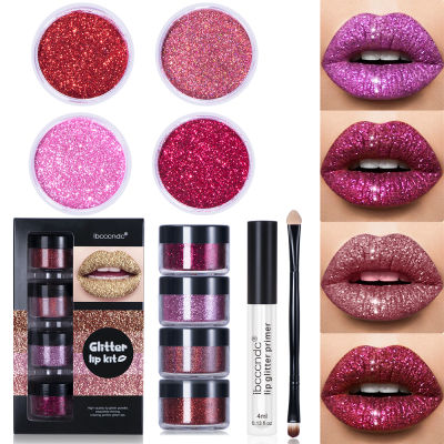 4colorSet Glitter Lip Kit Shinning Lips Glitter Powder With Primer Brush Waterproof Kissproof Glittering Party Makeup