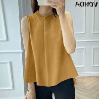 COD DSFERTRETRE VONDA Women Korean Summer Solid Color Sleeveless Crew Neck Casual Pleated Blouse